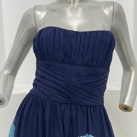 ANNA SUI Strapless  Fit And Flare Empire Waist Silk Dress Navy Floral Size 4 - Picture 5 of 15